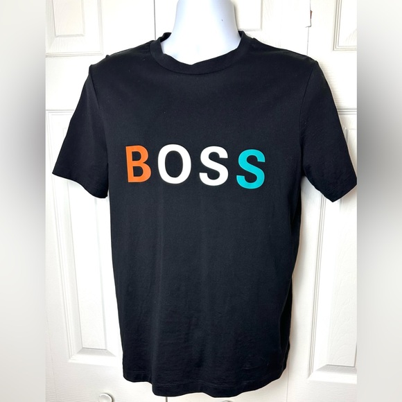 HUGO BOSS Multi Colored Logo Tee T-Shirt Short Sleeve Black Crewneck Blue Orange - Picture 11 of 11